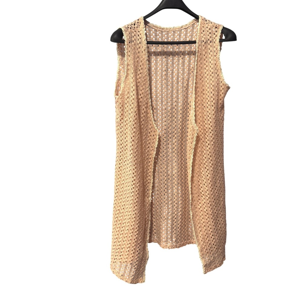 Womens Crochet Longline Vest Open Front‎ Knit Sleeveless Cardigan Peach Tan Boho